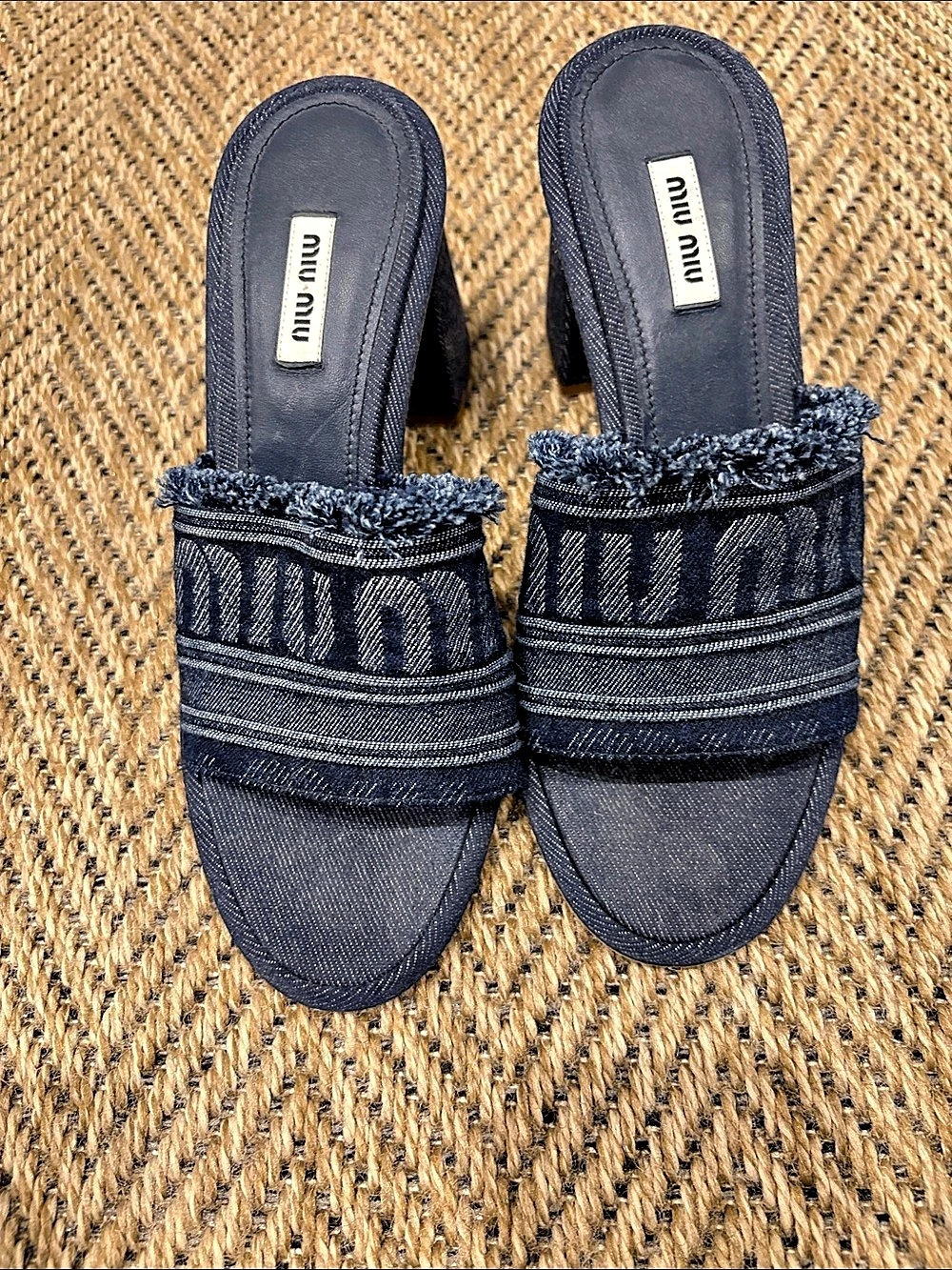 Miu miu Denim Logo Block Heel Mules Striped Denim Platform Mules in Blue